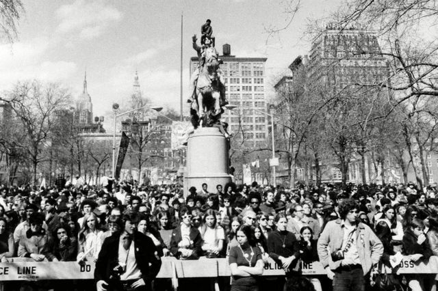Hundreds listen to Earth Day speakers in Union Square, April 22nd, 1970